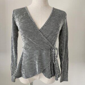 CAUTION TO THE WIND Black & White Striped Long Sleeve Faux Wrap Top. SZ Medium.